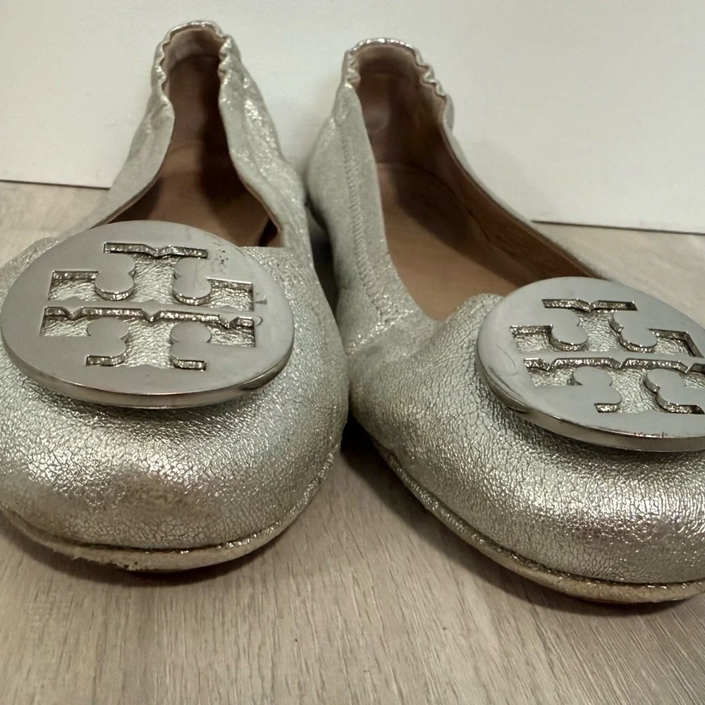 Tory Burch Minnie Travel Ballet Flat Royal Metallic Sliver Womans sz 9.5